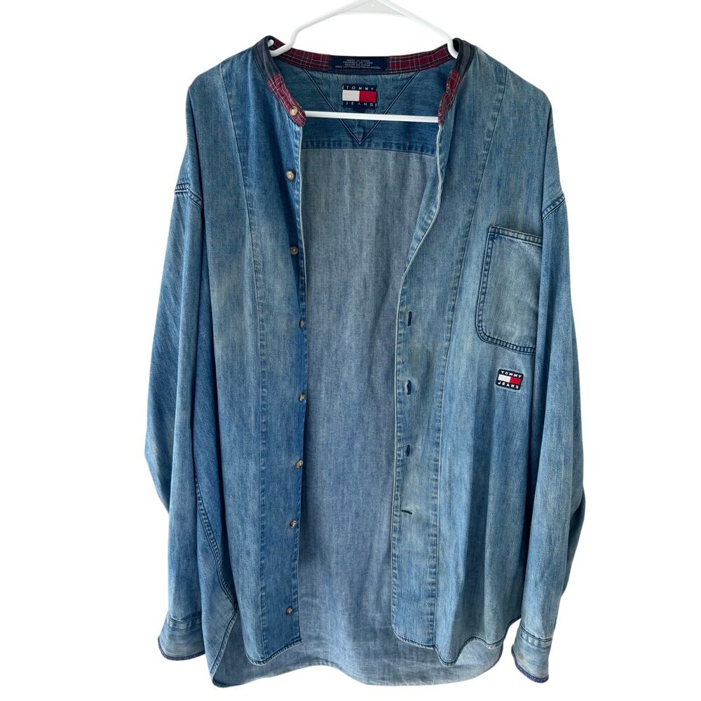Vintage 90's Tommy Jeans Denim Chambray Button Up Shirt Nehru Plaid Collar L